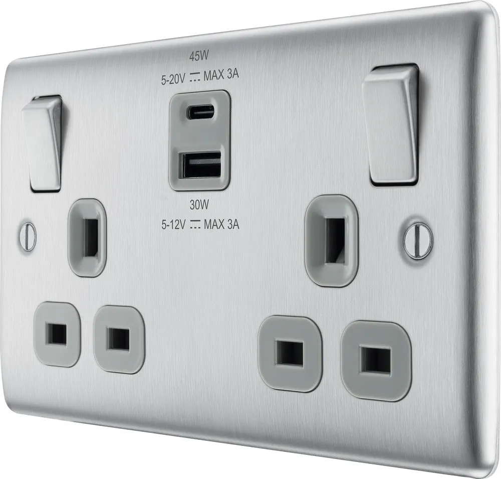 BG NBS22UAC45G Nexus Metal 13A Double Switched Power Socket   USB A C (45W) - Brushed Steel   Grey Insert