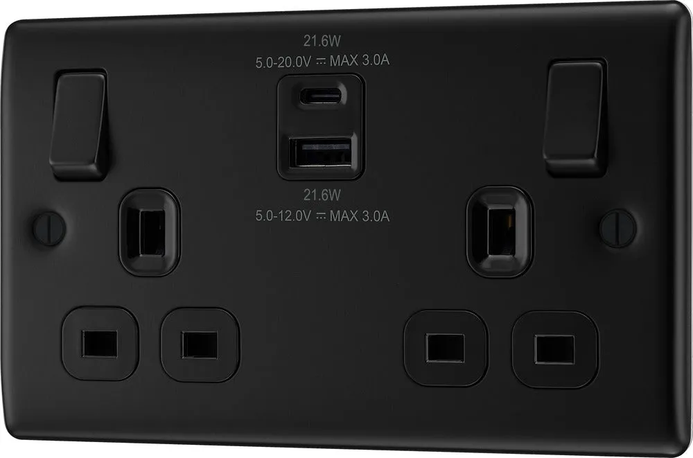 BG NFB22UAC22B Nexus Metal 13A Double Switched Power Socket   USB A C (22W) - Matt Black   Black Insert
