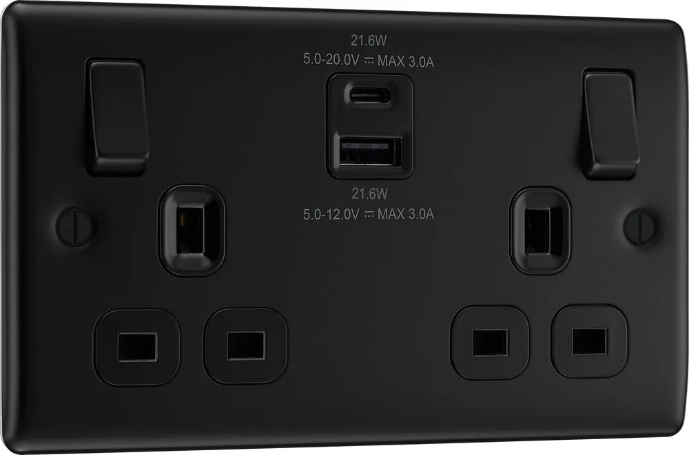 BG NFB22UAC22B Nexus Metal 13A Double Switched Power Socket   USB A C (22W) - Matt Black   Black Insert
