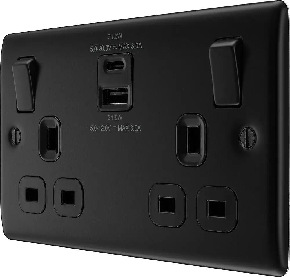 BG NFB22UAC22B Nexus Metal 13A Double Switched Power Socket   USB A C (22W) - Matt Black   Black Insert