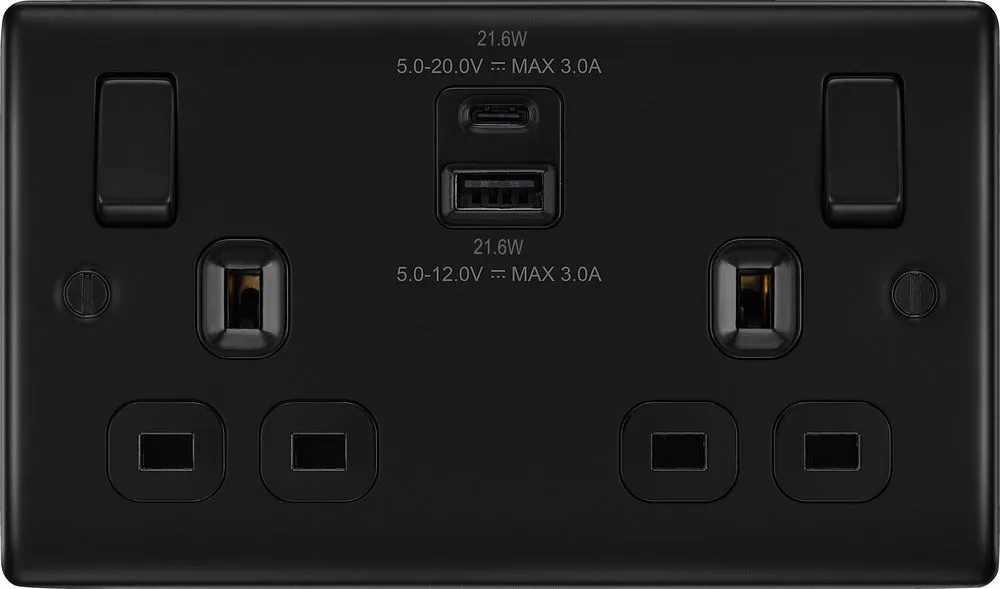 BG NFB22UAC22B Nexus Metal 13A Double Switched Power Socket   USB A C (22W) - Matt Black   Black Insert