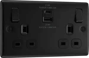 BG NFB22UAC22B Nexus Metal 13A Double Switched Power Socket   USB A C (22W) - Matt Black   Black Insert