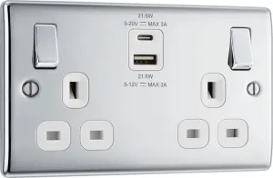 BG NPC22UAC22W Nexus Metal 13A Double Switched Power Socket   USB A C (22W) - Polished Chrome   White Insert