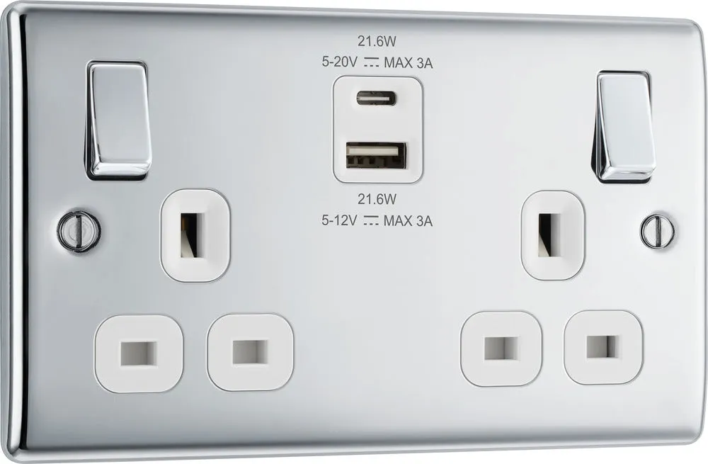 BG NPC22UAC22W Nexus Metal 13A Double Switched Power Socket   USB A C (22W) - Polished Chrome   White Insert