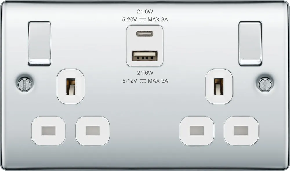 BG NPC22UAC22W Nexus Metal 13A Double Switched Power Socket   USB A C (22W) - Polished Chrome   White Insert