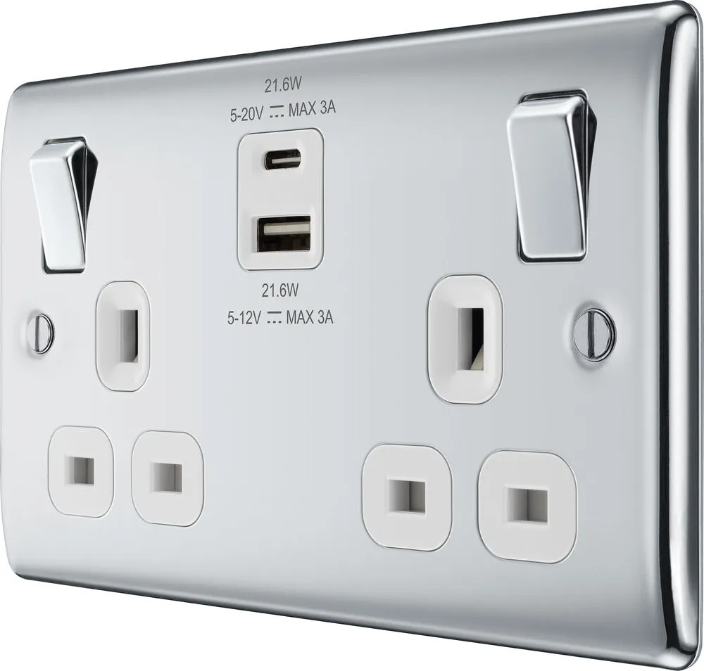 BG NPC22UAC22W Nexus Metal 13A Double Switched Power Socket   USB A C (22W) - Polished Chrome   White Insert