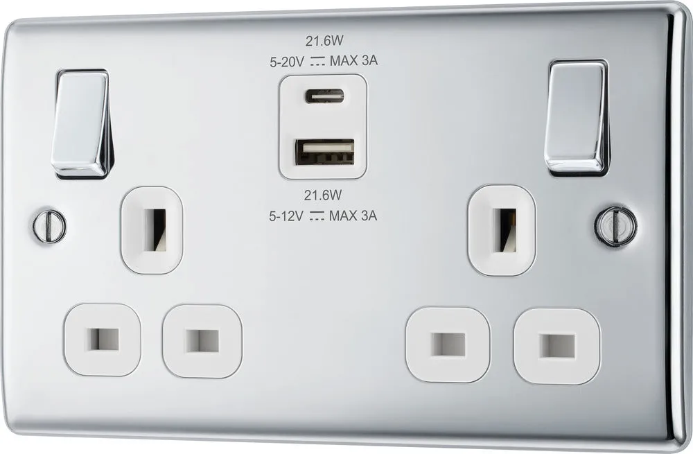 BG NPC22UAC22W Nexus Metal 13A Double Switched Power Socket   USB A C (22W) - Polished Chrome   White Insert