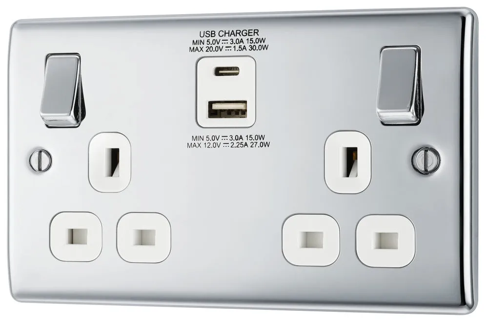 BG NPC22UAC30W Nexus Metal 13A Double Socket   USB A C (30W) - White Insert - Polished Chrome
