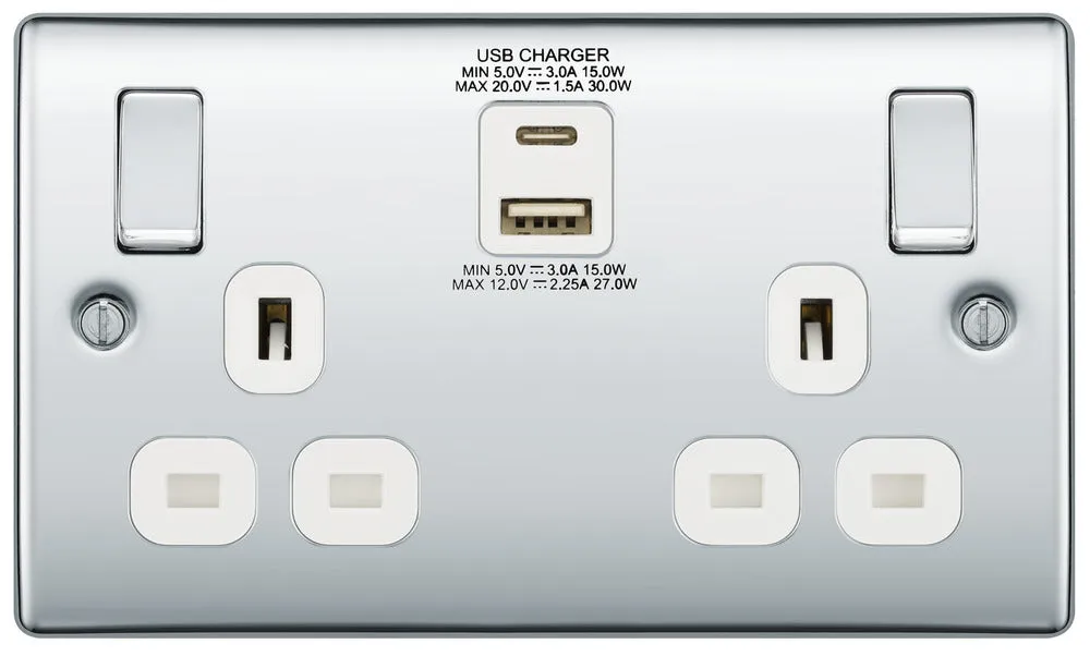 BG NPC22UAC30W Nexus Metal 13A Double Socket   USB A C (30W) - White Insert - Polished Chrome
