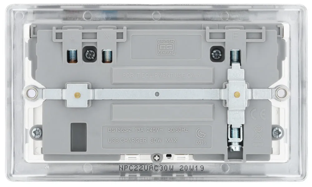 BG NPC22UAC30W Nexus Metal 13A Double Socket   USB A C (30W) - White Insert - Polished Chrome