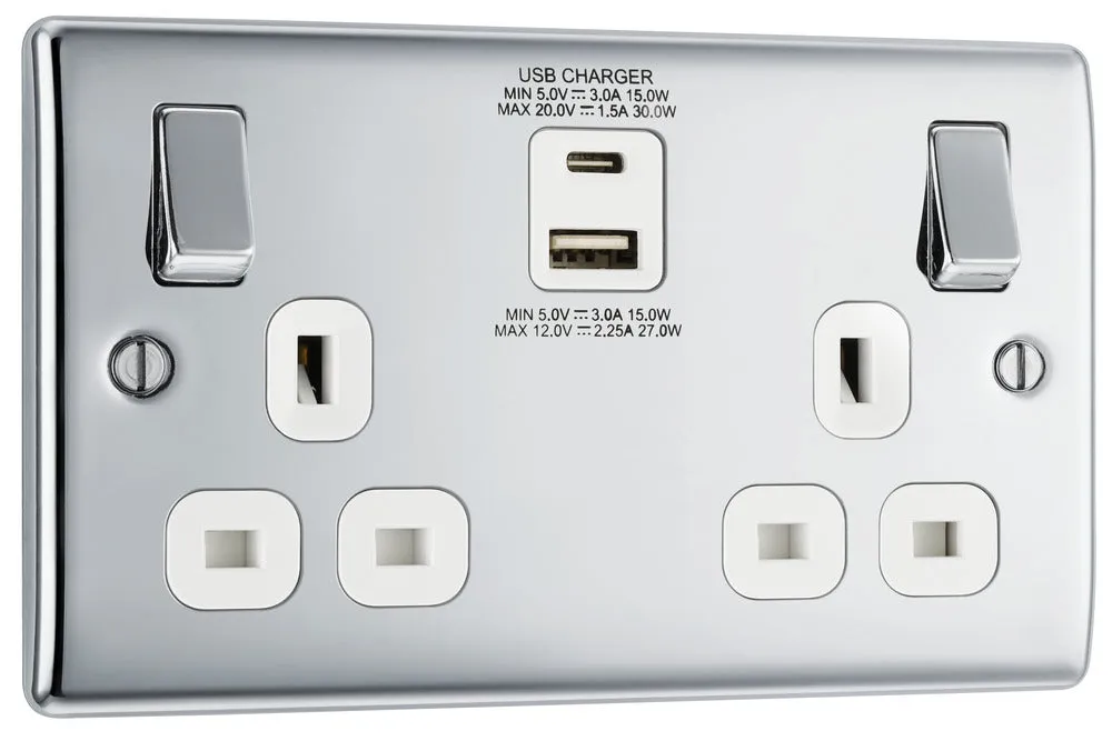 BG NPC22UAC30W Nexus Metal 13A Double Socket   USB A C (30W) - White Insert - Polished Chrome