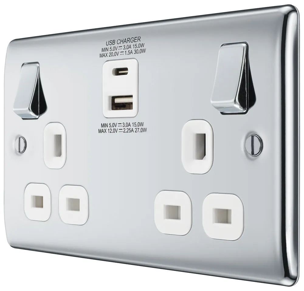 BG NPC22UAC30W Nexus Metal 13A Double Socket   USB A C (30W) - White Insert - Polished Chrome