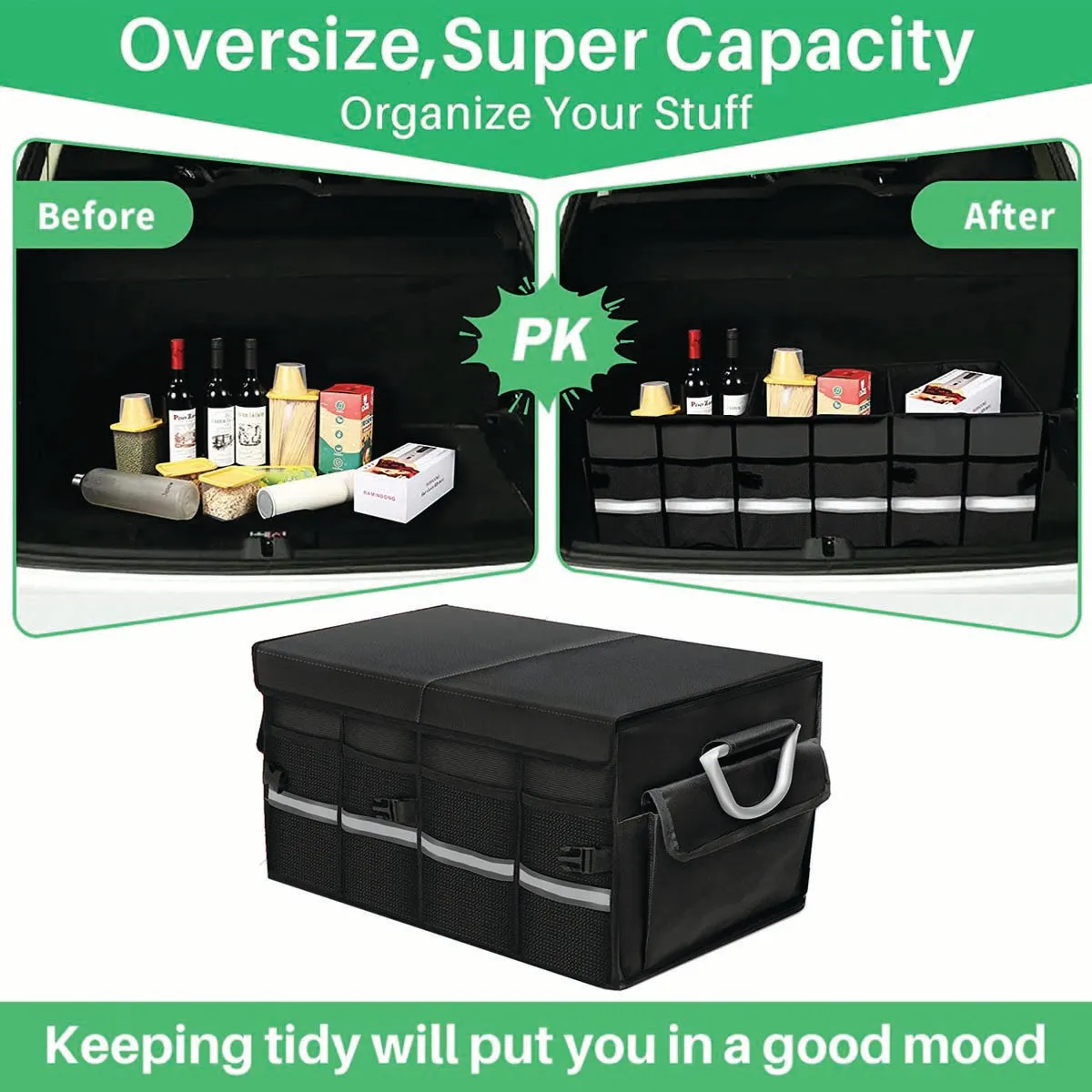 Big Trunk Organizer, Cargo Organizer SUV Trunk Storage Waterproof Collapsible Durable Multi Compartments MS12994