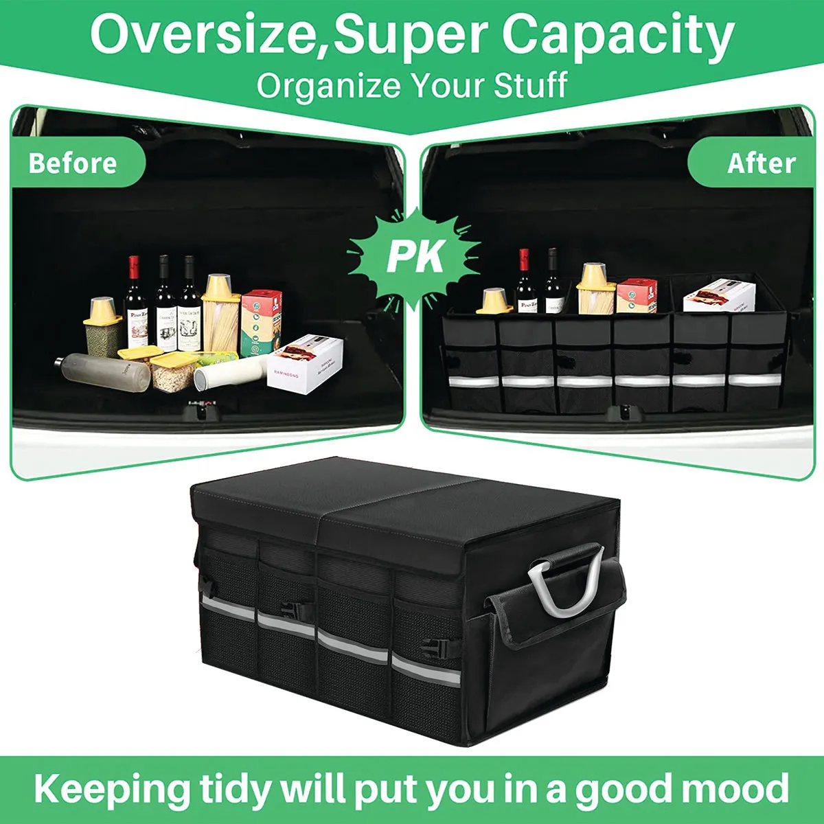Big Trunk Organizer, Custom-Fit For Car, Cargo Organizer SUV Trunk Storage Waterproof Collapsible Durable Multi Compartments WaKX253