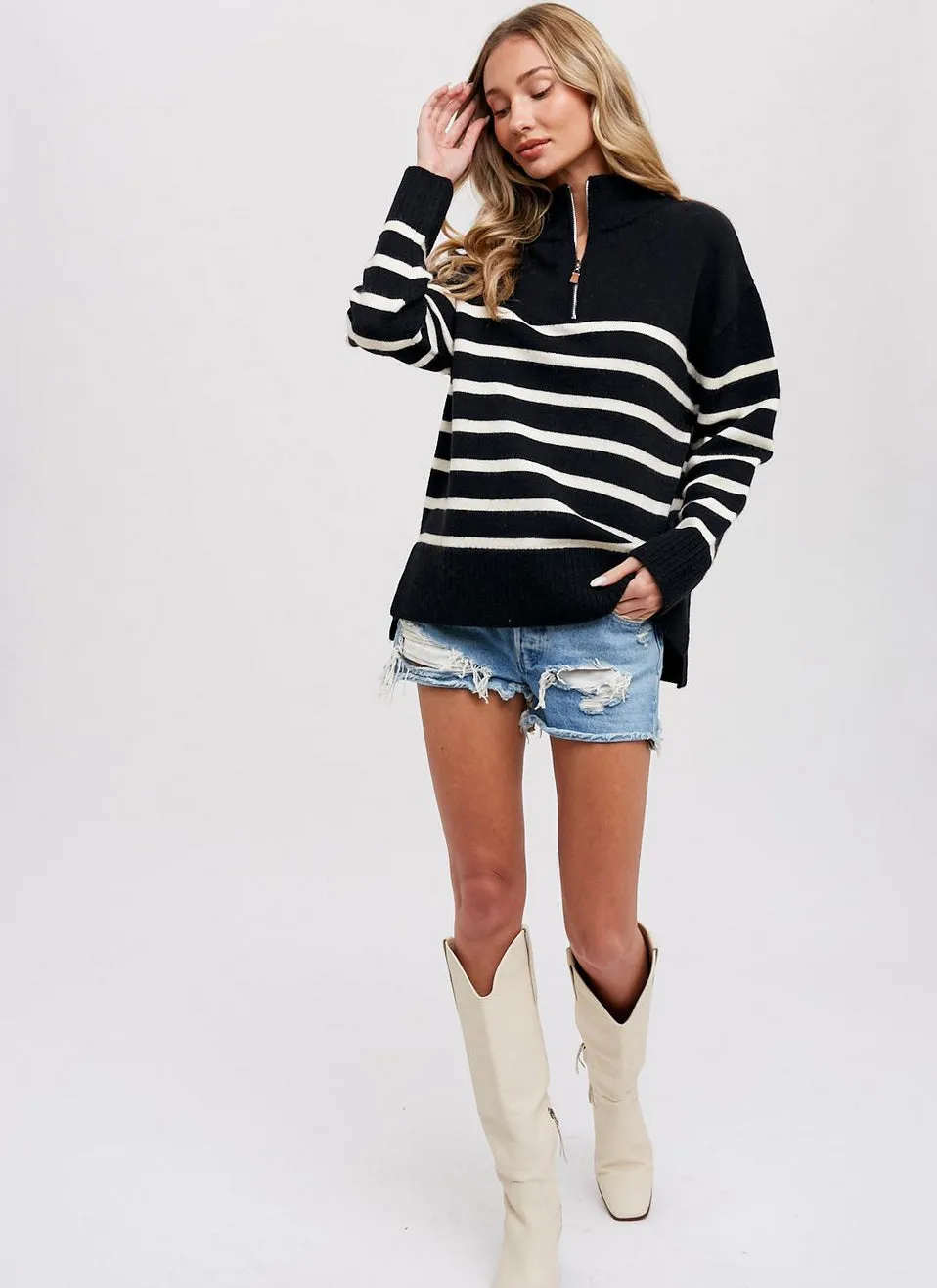Black White Striped Half Zip Sweater