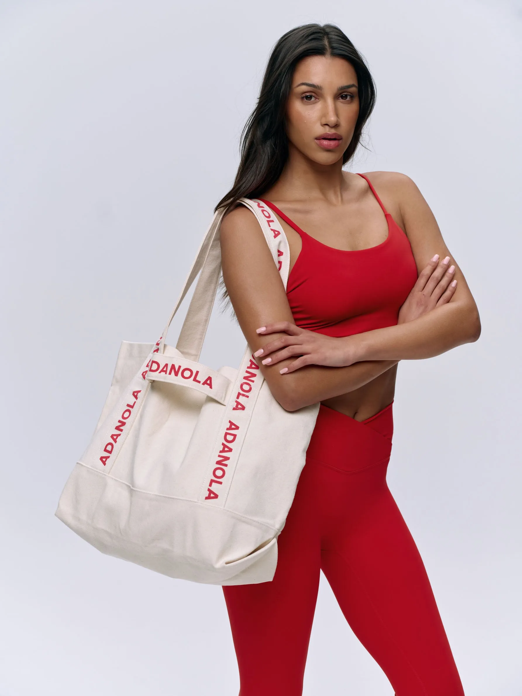 Branded Strap Tote Bag - Cream/Red