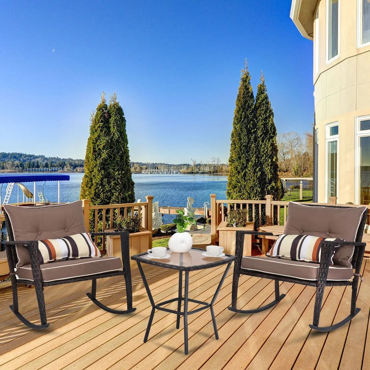 Brown 3 Piece Patio Set Rattan Wicker Rocking Chairs with Coffee Table