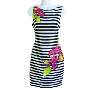 Cache USA Floral Striped Tank Dress Light Scuba Body Con Back Zip Sheath Stretch