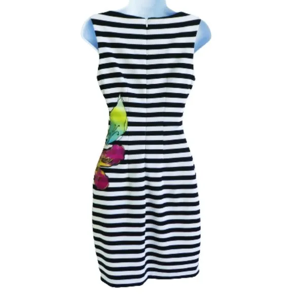 Cache USA Floral Striped Tank Dress Light Scuba Body Con Back Zip Sheath Stretch