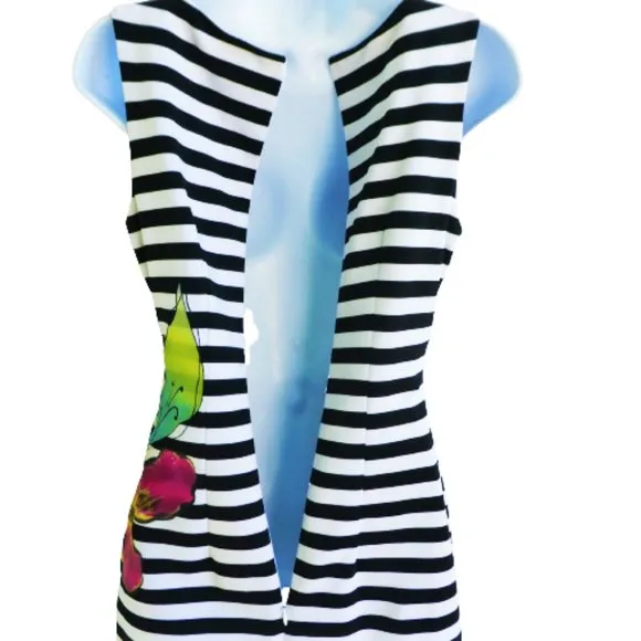 Cache USA Floral Striped Tank Dress Light Scuba Body Con Back Zip Sheath Stretch
