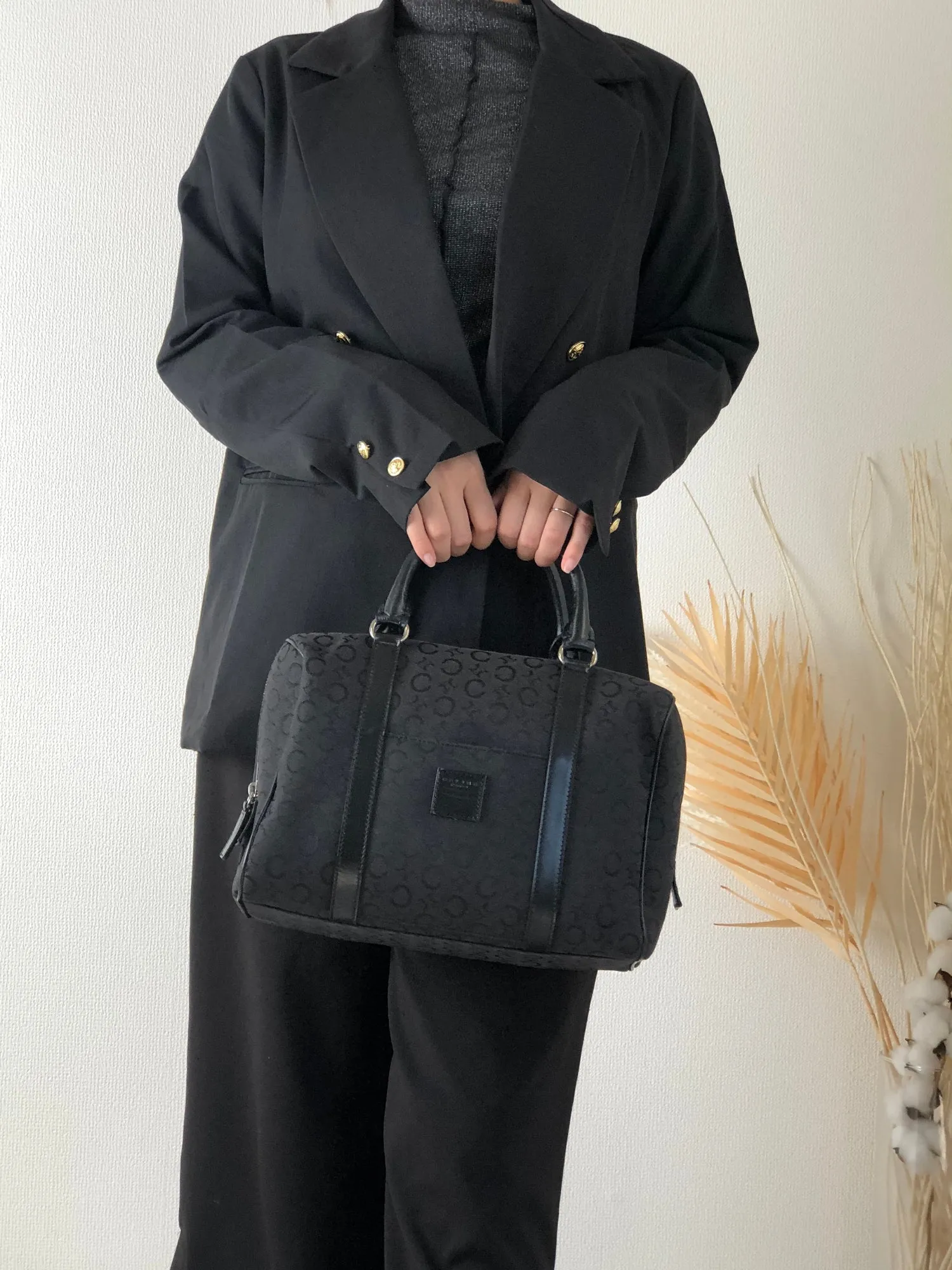 CELINE Macadam Logo Jacquard Leather Small Boston bag Black Vintage wfyyuh