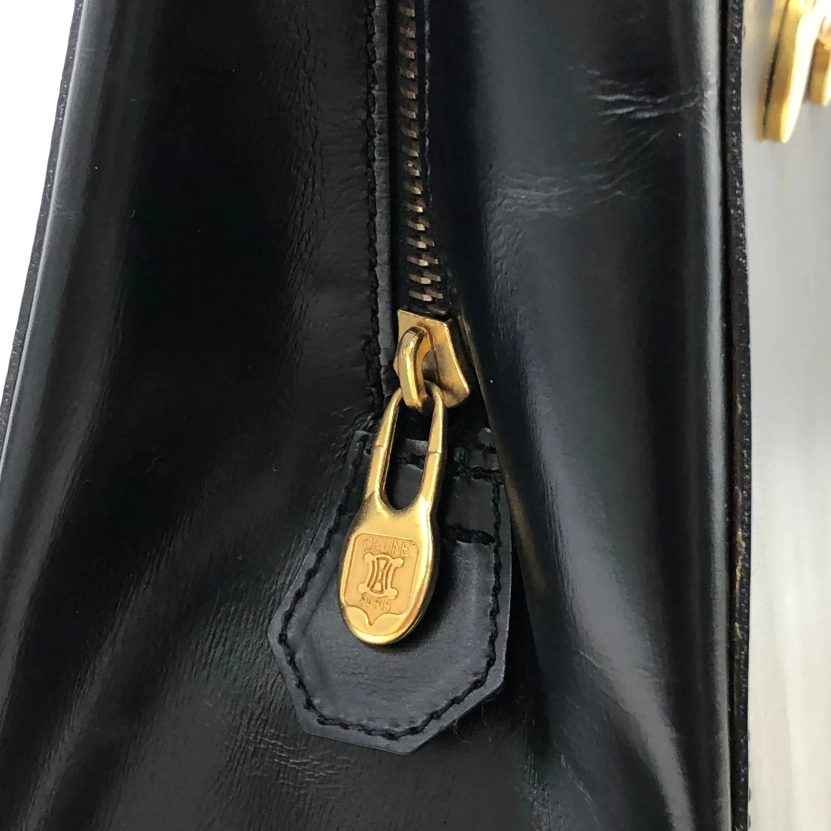 CELINE Triomphe Leather Tote Bag Shoulder bag Black Gold Vintage Old Celine cpfk62