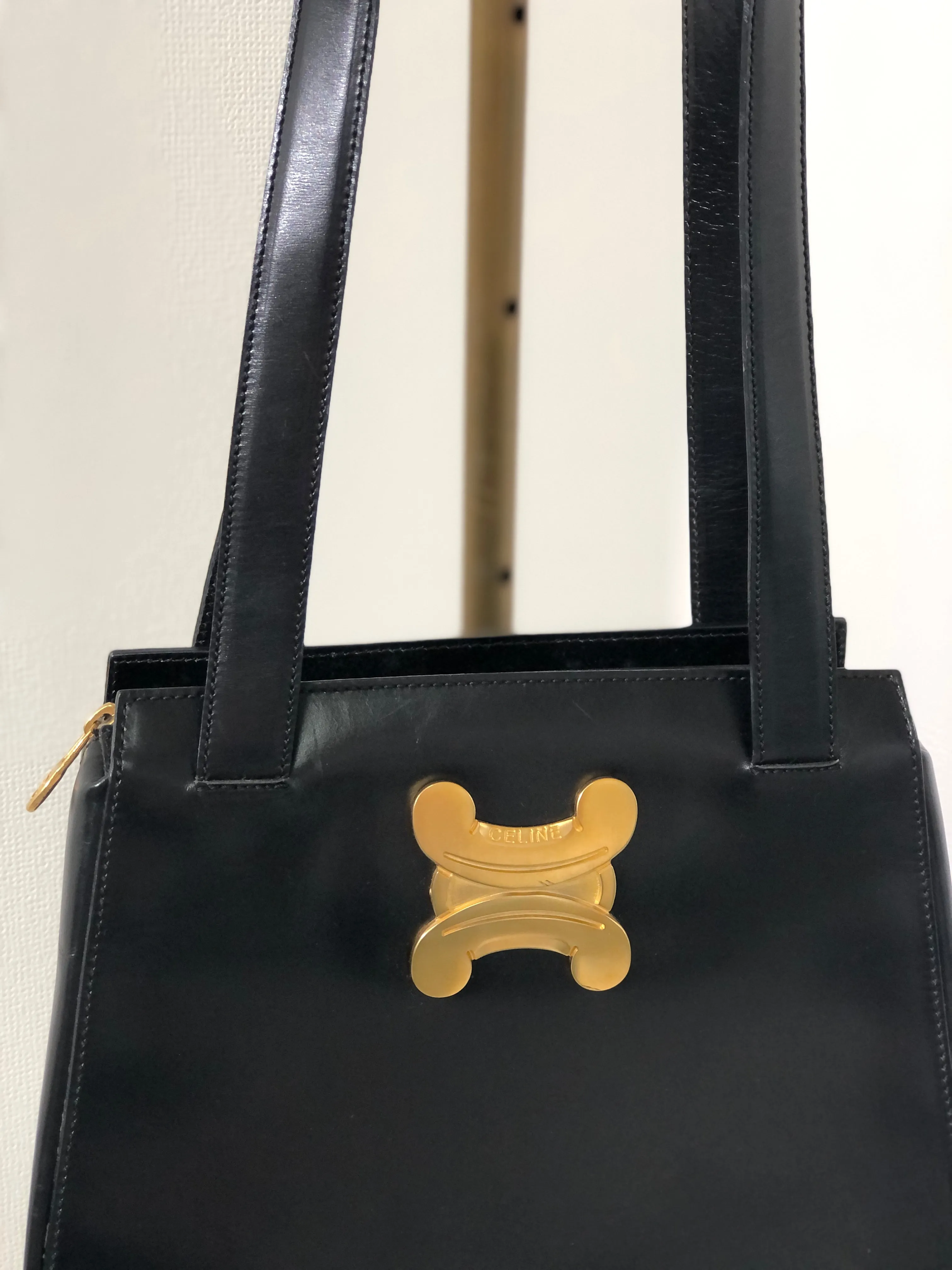 CELINE Triomphe Leather Tote Bag Shoulder bag Black Gold Vintage Old Celine cpfk62