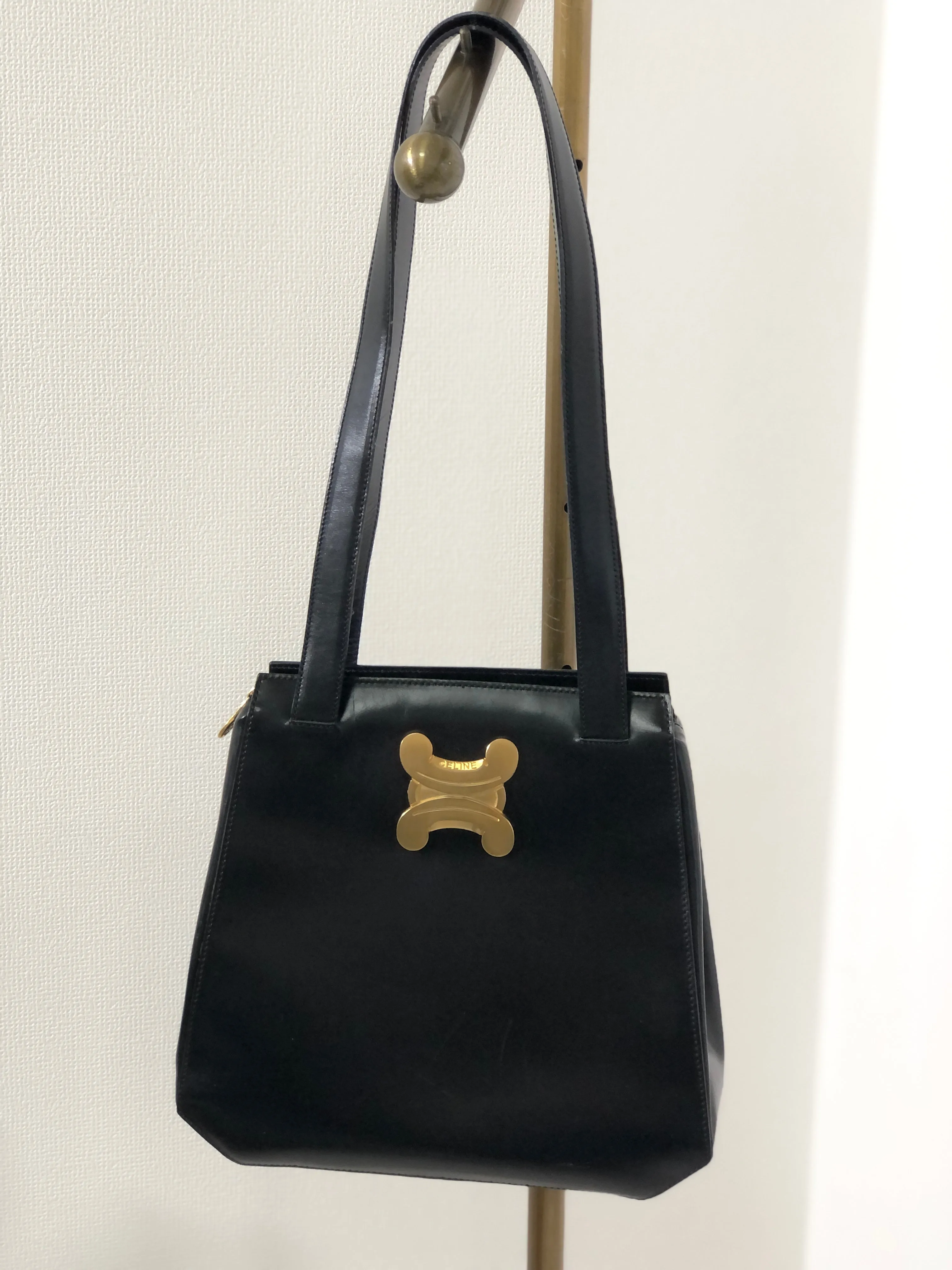 CELINE Triomphe Leather Tote Bag Shoulder bag Black Gold Vintage Old Celine cpfk62
