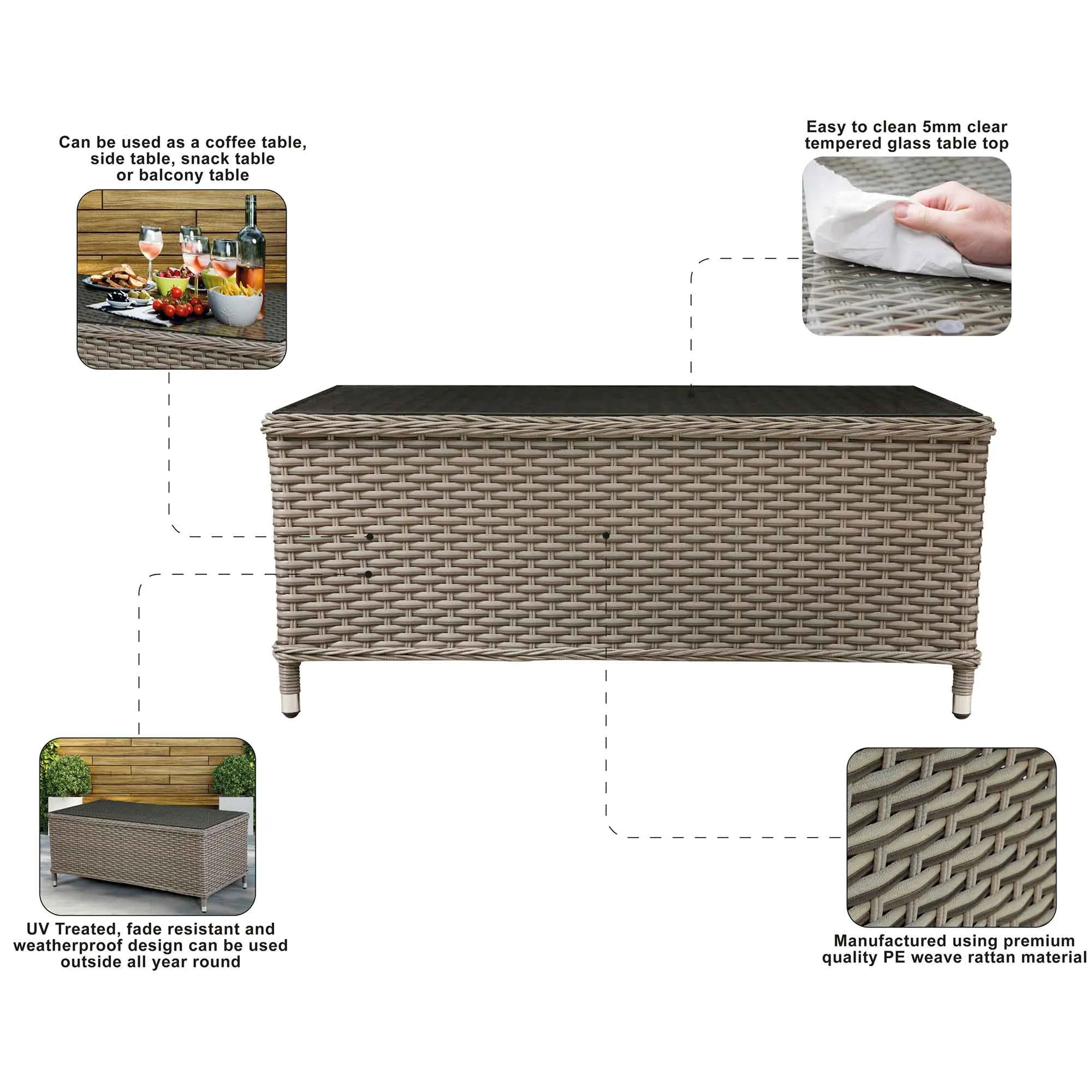 Chester Rattan Wicker Outdoor Coffee Table with Tempered Glass Top, Brown - DG71