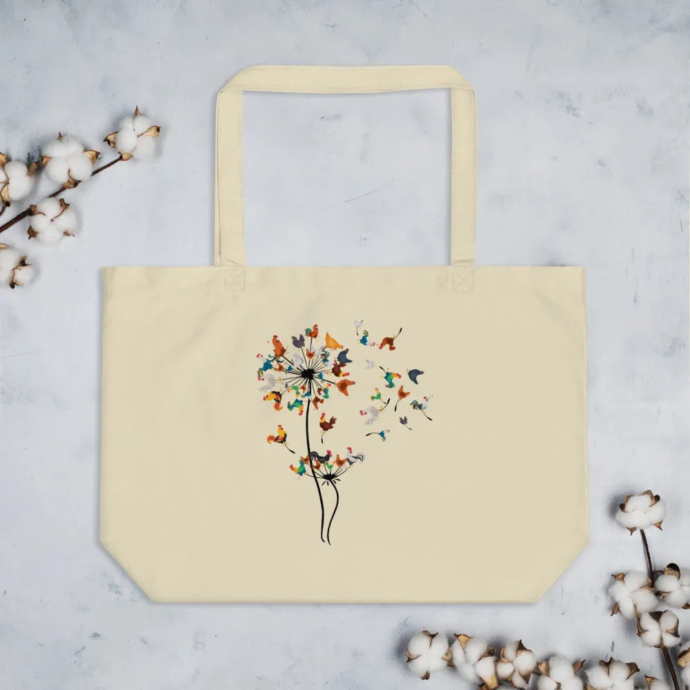 Chicken Dandelion large organic tote bag