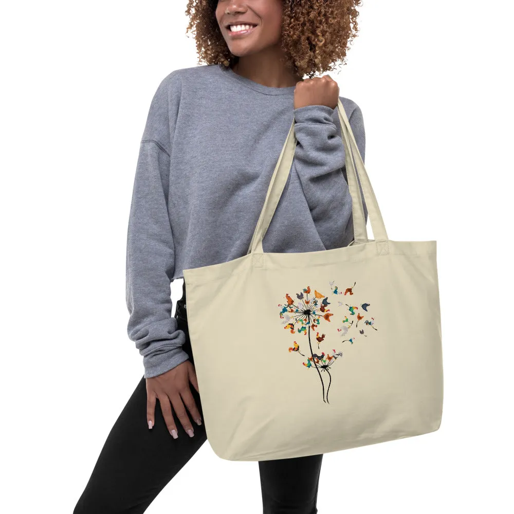 Chicken Dandelion large organic tote bag
