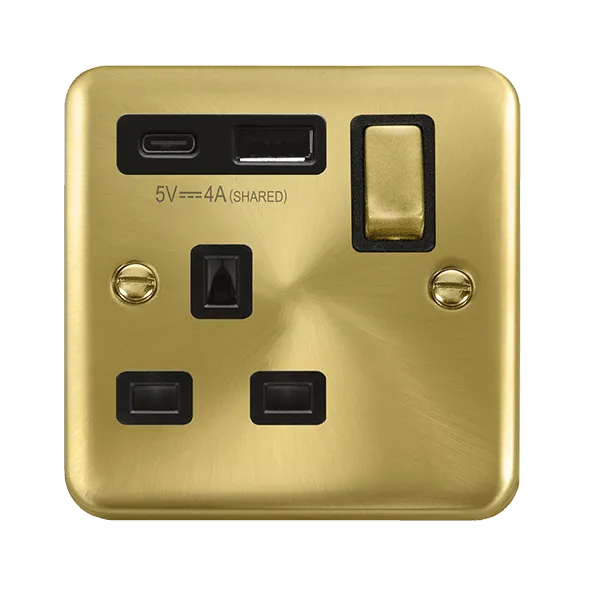 Click Deco Plus DPSB585BK 13A Ingot 1G Switched Safety Shutter Socket   Type A&C USB - Satin Brass (Black)