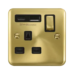 Click Deco Plus DPSB585BK 13A Ingot 1G Switched Safety Shutter Socket   Type A&C USB - Satin Brass (Black)