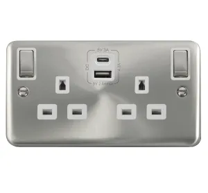 Click Deco Plus DPSC586WH 13A Ingot 2G Switched Socket   Type A&C USB - Satin Chrome (White)