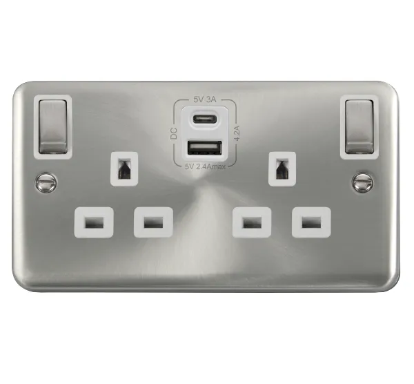Click Deco Plus DPSC586WH 13A Ingot 2G Switched Socket   Type A&C USB - Satin Chrome (White)