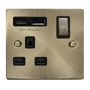 Click Deco VPAB585BK Victorian 13A Ingot 1G Switched Socket   Type A&C USB - Antique Brass (Black)