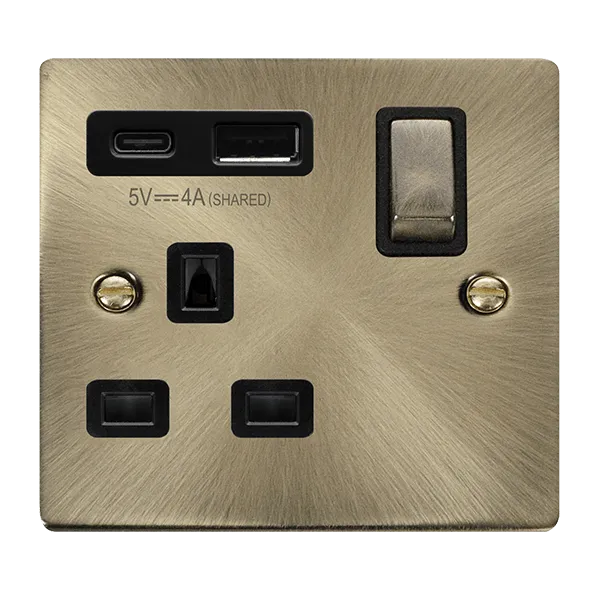 Click Deco VPAB585BK Victorian 13A Ingot 1G Switched Socket   Type A&C USB - Antique Brass (Black)