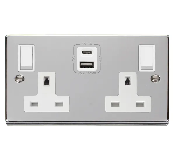 Click Deco VPCH786WH Victorian 13A 2G Switched Socket   Type A&C USB - Polished Chrome (White)