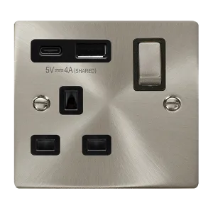 Click Deco VPSC585BK Victorian 13A Ingot 1G Switched Socket   Type A&C USB - Satin Chrome (Black)