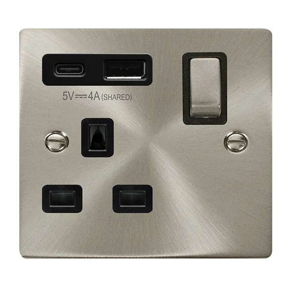 Click Deco VPSC585BK Victorian 13A Ingot 1G Switched Socket   Type A&C USB - Satin Chrome (Black)