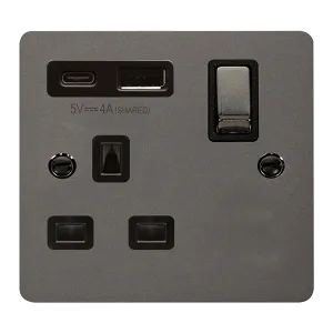 Click Define FPBN585BK Flat Plate 13A Ingot 1G Switched Socket   Type A&C USB - Black Nickel (Black)