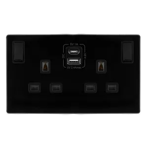Click Definity Complete SFMB786BK 13A Ingot 2 Gang Switched Safety Shutter Socket With Type A & C USB - Metal Black Cover Plate - Black Insert