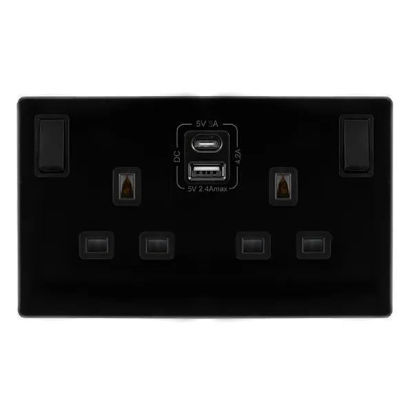 Click Definity Complete SFMB786BK 13A Ingot 2 Gang Switched Safety Shutter Socket With Type A & C USB - Metal Black Cover Plate - Black Insert