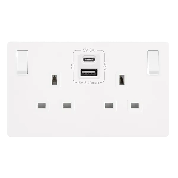 Click Definity Complete SFMW786PW 13A Ingot 2 Gang Switched Safety Shutter Socket With Type A & C USB - Metal White Cover Plate - Polar White Insert