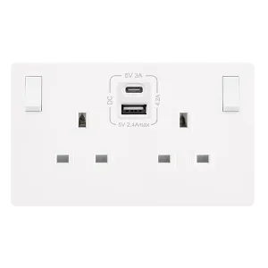 Click Definity Complete SFMW786PW 13A Ingot 2 Gang Switched Safety Shutter Socket With Type A & C USB - Metal White Cover Plate - Polar White Insert