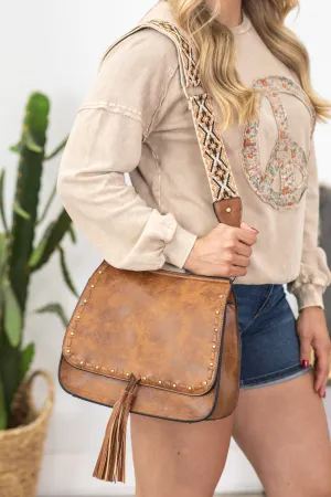 Cognac Crossbody Bag With Printed Strap