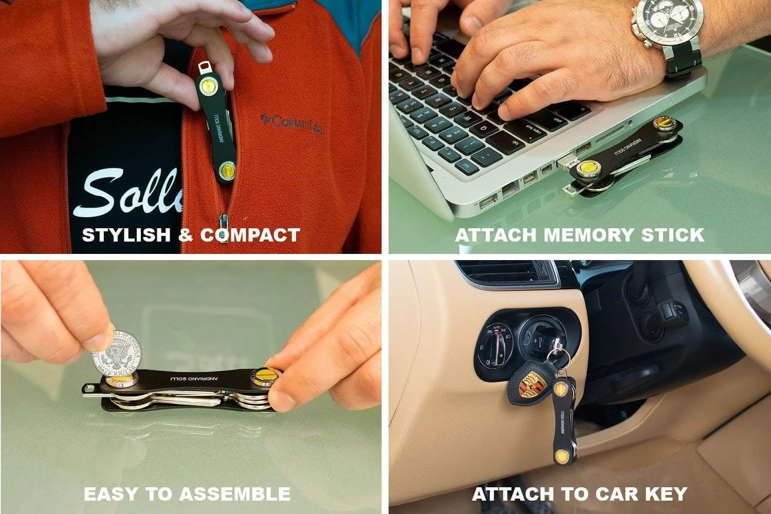 Compact Key Holder and Smart Keychain Organizer by SOLLI - Business Edition Elegant Design Foldable Pocket Key Holder - with Carabiner, Bottle Opener, and Expansion kit (Anodized Aluminum, Black)