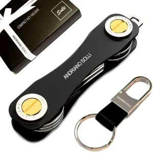 Compact Key Holder and Smart Keychain Organizer by SOLLI - Business Edition Elegant Design Foldable Pocket Key Holder - with Carabiner, Bottle Opener, and Expansion kit (Anodized Aluminum, Black)