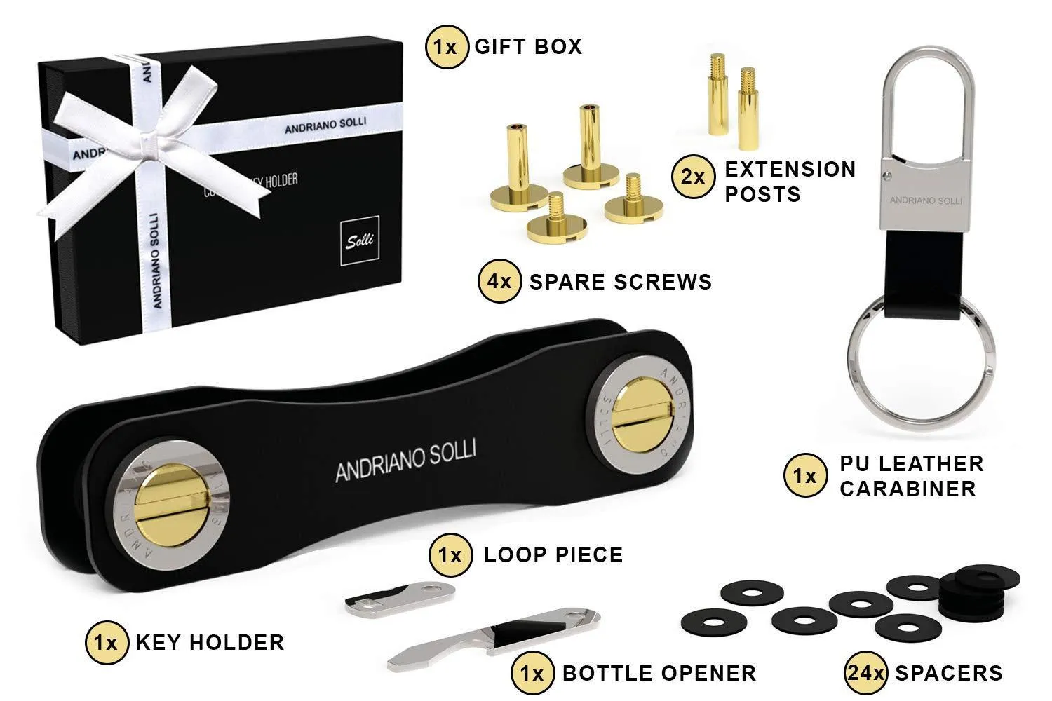 Compact Key Holder and Smart Keychain Organizer by SOLLI - Business Edition Elegant Design Foldable Pocket Key Holder - with Carabiner, Bottle Opener, and Expansion kit (Anodized Aluminum, Black)