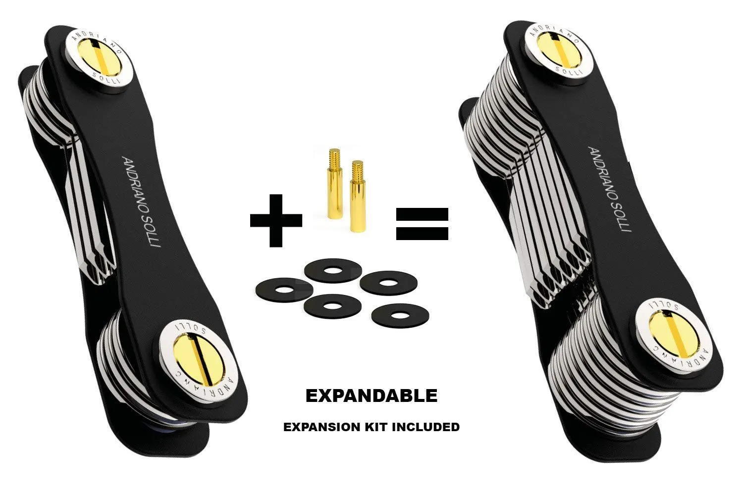 Compact Key Holder and Smart Keychain Organizer by SOLLI - Business Edition Elegant Design Foldable Pocket Key Holder - with Carabiner, Bottle Opener, and Expansion kit (Anodized Aluminum, Black)